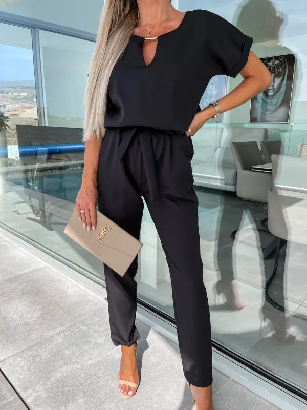 ✨ Conjunto de 2 Piezas Elegante: Top con Detalle en V y Pantalón con Lazo 💃
