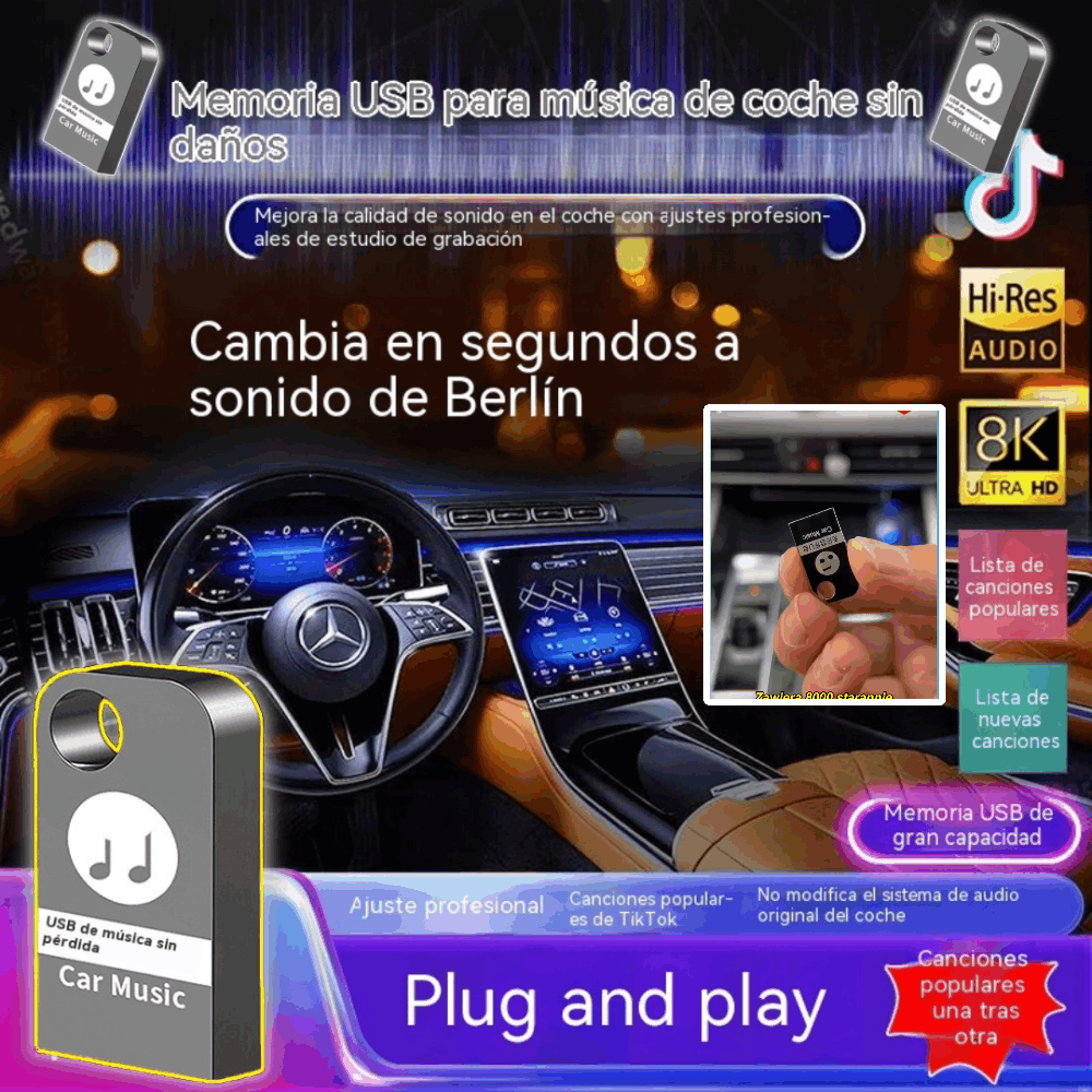 🚗🎵🎵【Unidad flash USB de música】contiene 3000 canciones, 200 MV y efectos de sonido 6D