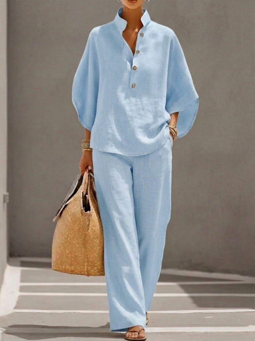Maribel | Conjunto de lino con mangas murciélago y pantalón ancho
