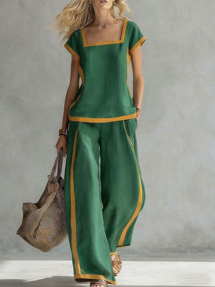 🔥 ¡Novedades de verano! 😍 Conjunto de dos piezas moderno para mujer 2026: detalles en colores contrastantes, combinado con pantalones de pierna ancha: casual y elegante.