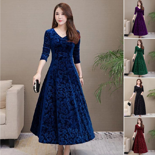 🔥【Cumpără unul, primești unul gratis】✨️【M-4XL】Stil nou pentru toamnă și iarnă, rochie elegantă, la modă, din catifea aurie, călduroasă, cu mânecă lungă, mărime mare, 3807898 