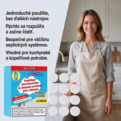 🥳💞 Účinné šumivé tablety na čistenie a uvoľnenie upchatého potrubia. Odstraňujú mastnotu, vlasy, nepríjemný zápach a baktérie. Vhodné do umývadiel, toaliet a odtokov.