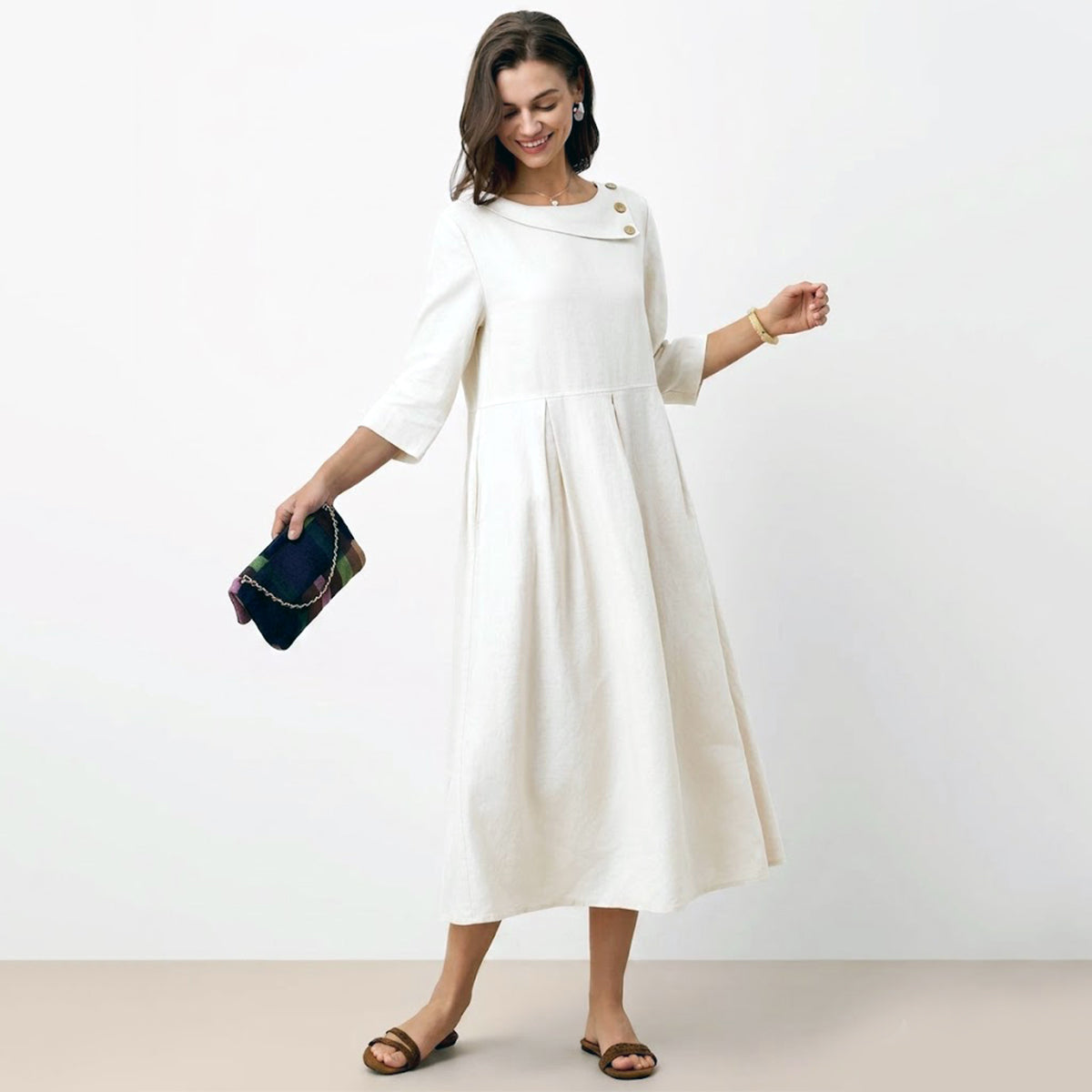 【S-3XL】Vestido Maxi de 100% Lino con Cuello Medialuna y Botones Decorativos