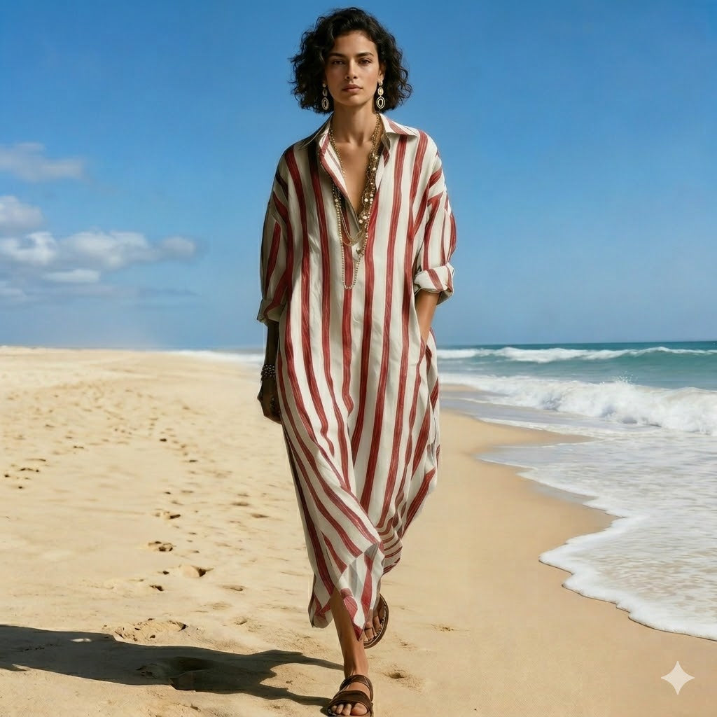 😍-50%🌴[S-3XL]Vestido camisero elegante de rayas sueltas con escote en V para mujer, ideal para el verano🌊