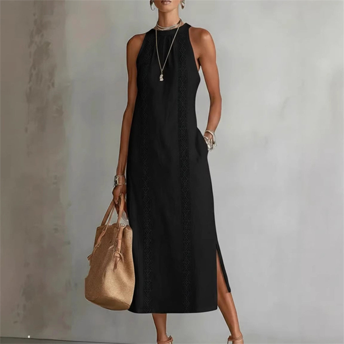 【S-2XL】Vestido de Verano de Color Sólido con Cuello Halter y Encaje Elegante