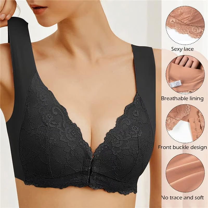 ✨【Conjunto de 3 piezas】Sujetador sexy de talla grande, sin aros y con cierre frontal, que luce un hermoso diseño en la espalda.