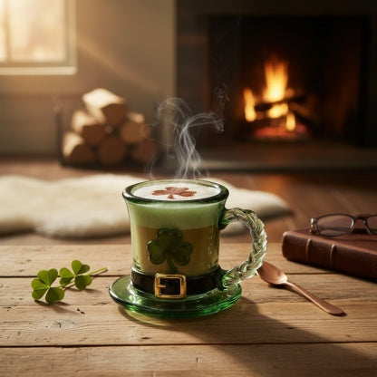 🔥【Zľava 50%】☕ Smaragdovo zelená sklenená šálka so škriatkovým klobúkom a štvorlístkom pre šťastie