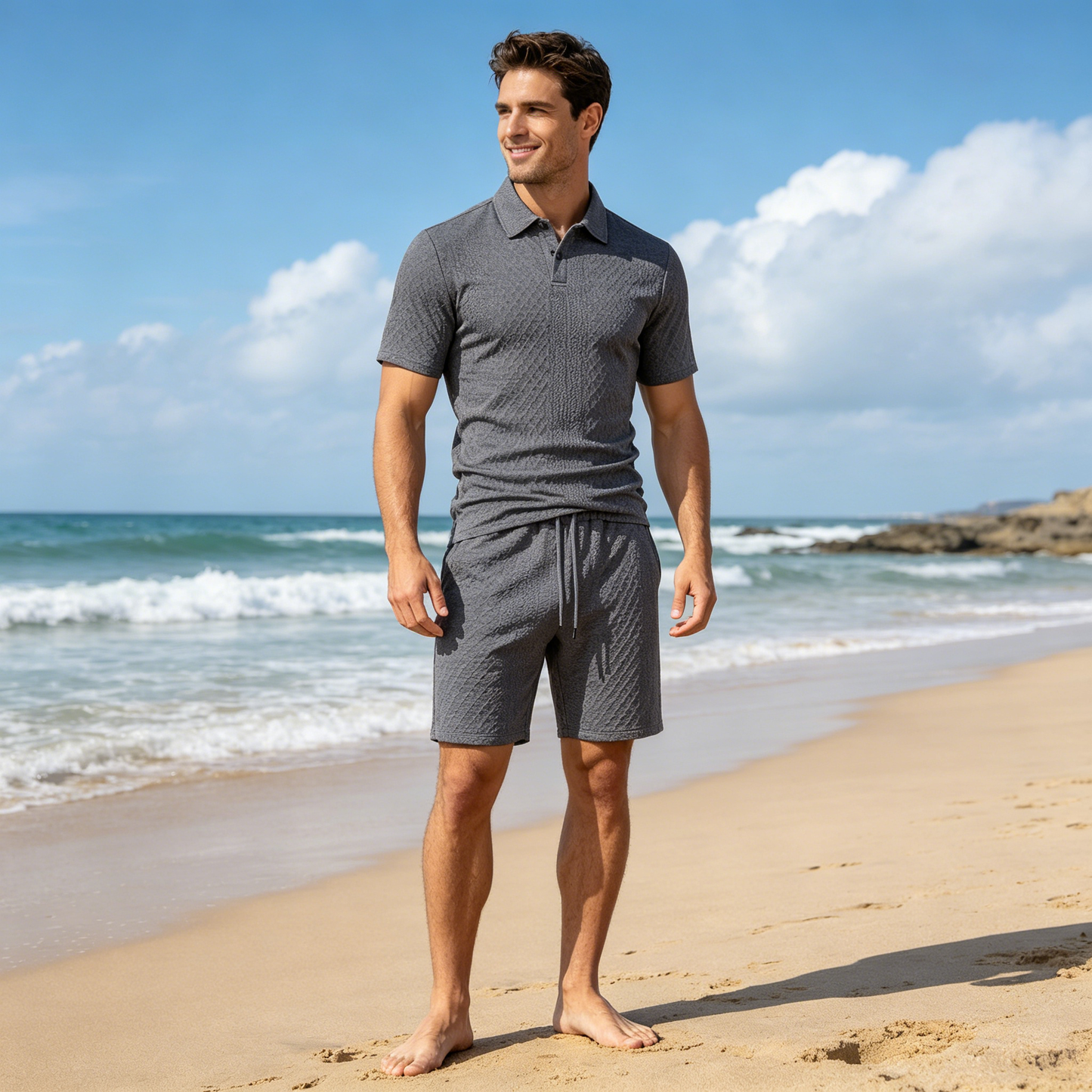【S-3XL】Conjunto Verano Hombre 🏖️ Polo Corto + Shorts Jacquard, Casual Playa