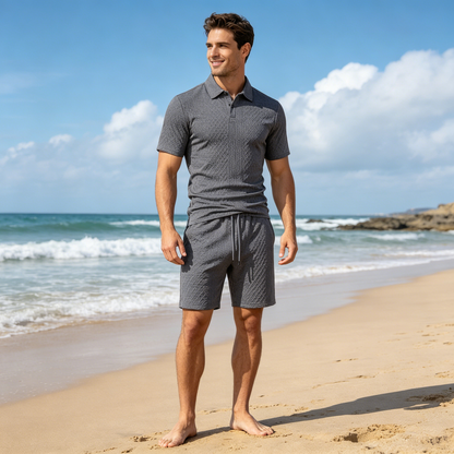 【S-3XL】Conjunto Verano Hombre 🏖️ Polo Corto + Shorts Jacquard, Casual Playa