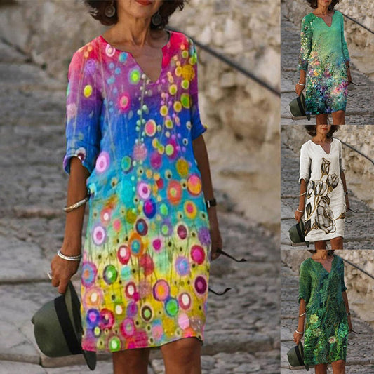 💖💟【S-5XL】 Dlhé ležérne dámske vintage šaty s kvetinovou potlačou