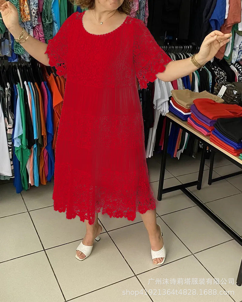 【S-5XL】Nuevo vestido de encaje con cuello redondo y manga corta 2026 【40-120 kg】