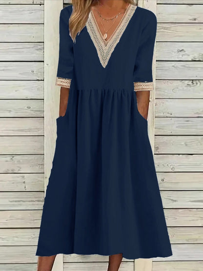 🌈👗【Letné nové produkty - zľava 50%🔥】【40-90 kg】👑 Dámske voľné šaty strednej dĺžky, materiál bavlna a ľan, čipkovaný golier, veľká veľkosť