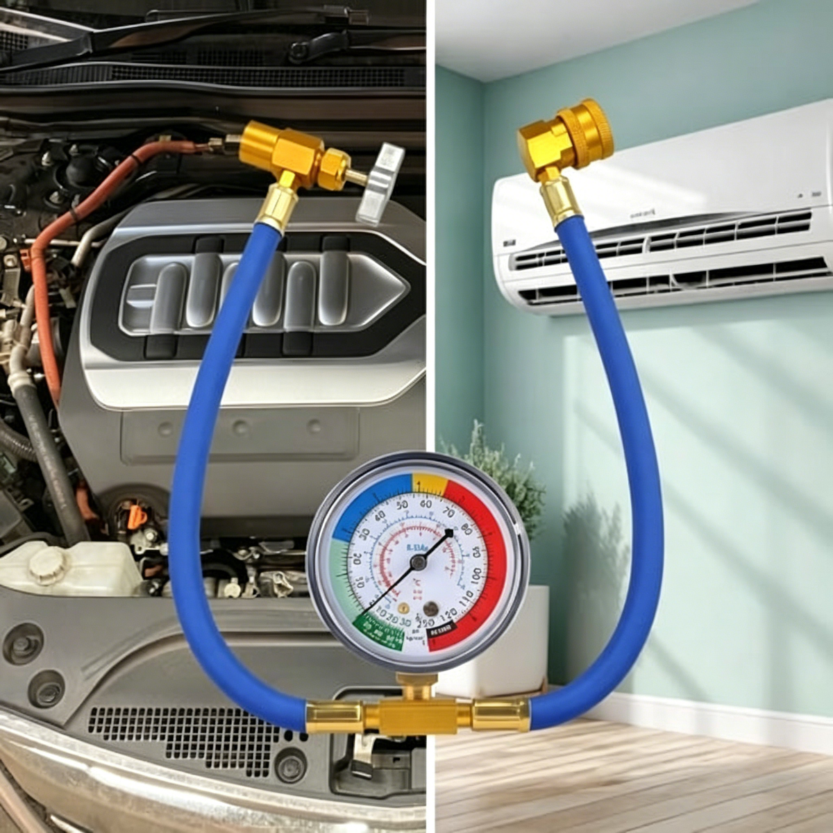 🔧❄️ Hadica na dopĺňanie chladiva R134a AC s manometrom – Nepriepustná, ľahko čitateľná a kompatibilná s klimatizáciami pre autá, nákladné vozidlá alebo domáce klimatizácie – Bezpečné dobíjanie svojpomocne 🚗