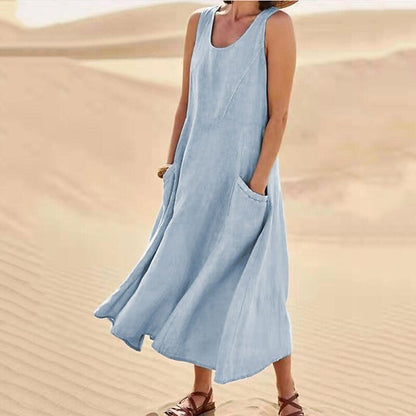 🌈👗【12 farieb, S-5XL】💖 Nové elegantné jednofarebné šaty bez rukávov s okrúhlym výstrihom z bavlny a ľanu na leto 2025.