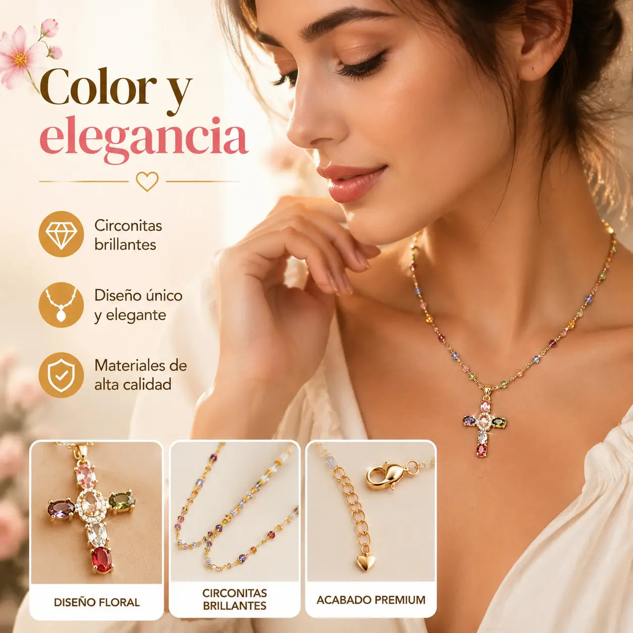 💎🌈Oferta: Collar con cruz de circonitas de colores. Incluye un precioso joyero.
