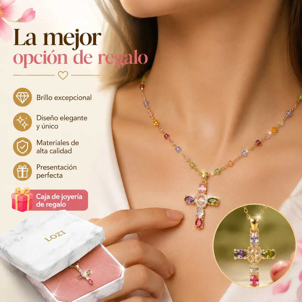 Oferta: Collar con cruz de circonitas de colores. Incluye un precioso joyero.