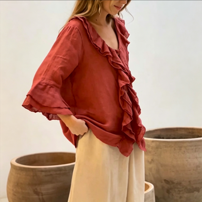 🔥Pago contra entrega✅️【40-100 kg】Camisa casual de moda para mujer, cuello en V con diseño de volantes