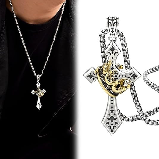 👑✝️ Vintage náhrdelník s krížom a korunou – symbol viery, sily a každodennej ochrany