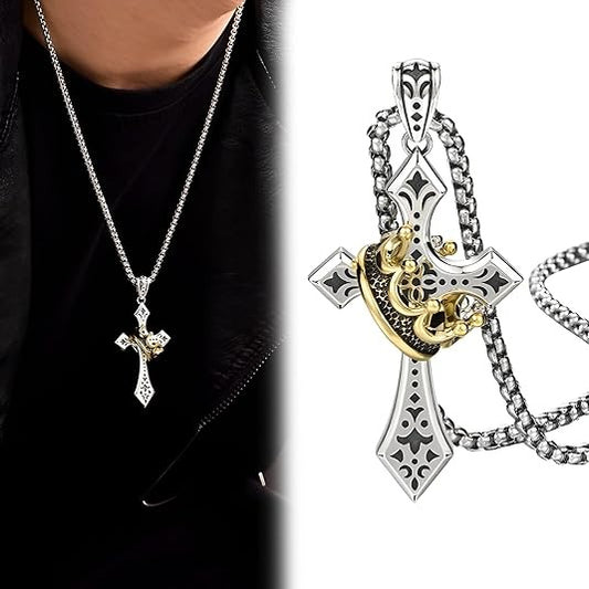 👑✝️ Vintage náhrdelník s krížom a korunou – symbol viery, sily a každodennej ochrany