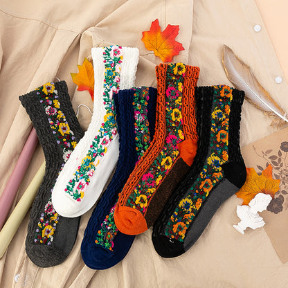 🌸10 pares🌸Calcetines largos retorcidos con estampado floral retro de algodón nuevos para otoño e invierno