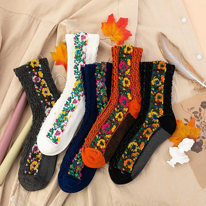 🌸10 pares🌸Calcetines largos retorcidos con estampado floral retro de algodón nuevos para otoño e invierno