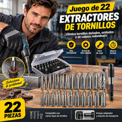 🔩 ⚡ Juego de 22 extractores de tornillos – Acero aleado; extrae pernos oxidados y con la cabeza barrida ✨