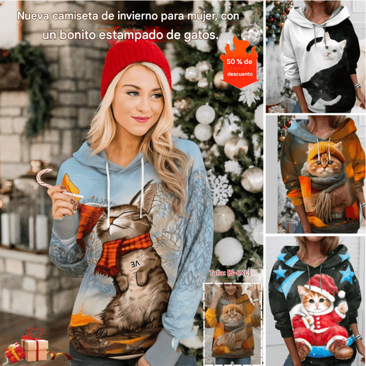 🐱【S-3XL】Nueva camiseta de invierno para mujer, lindo patrón de gato
