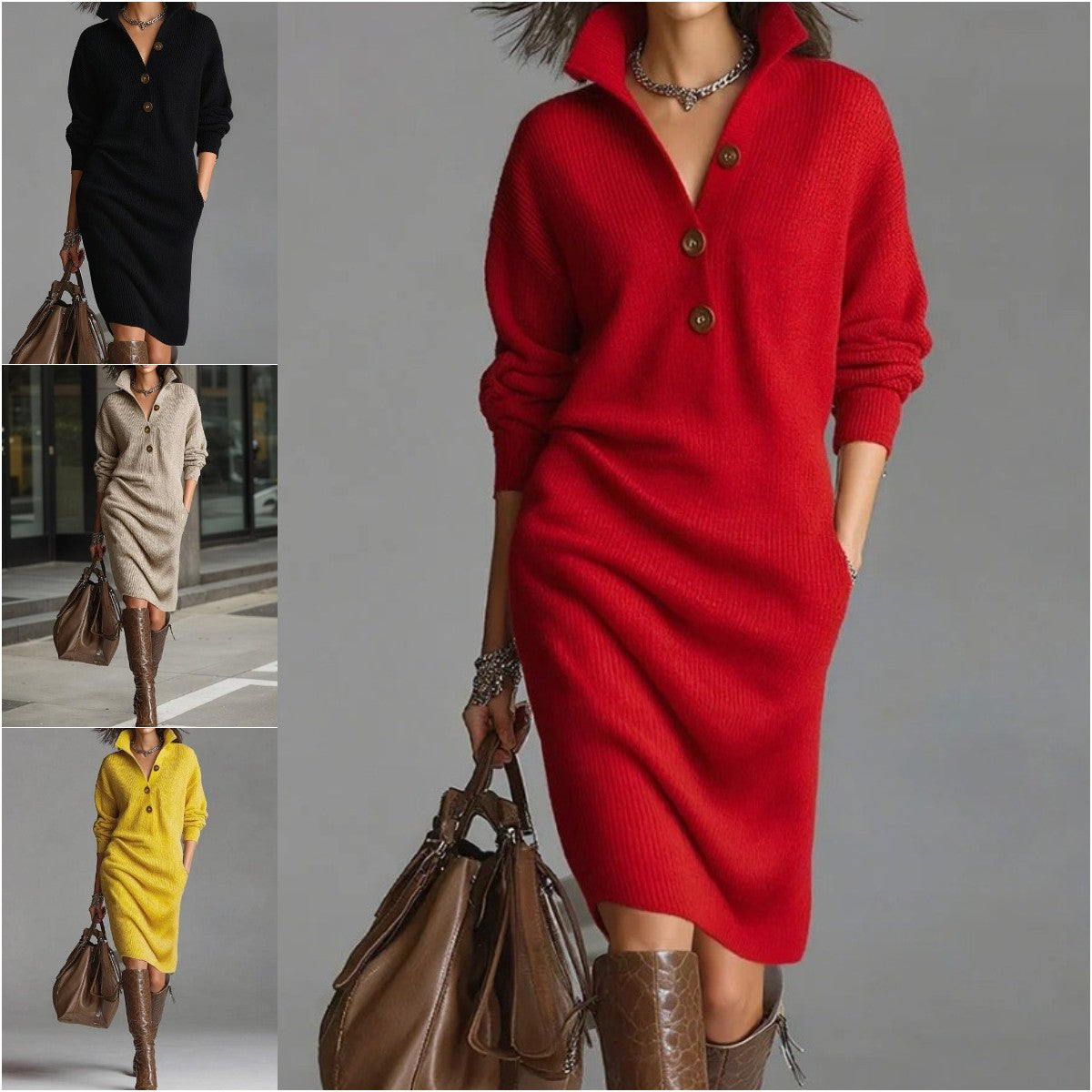 🔥🌷【Producto más vendido】【Tallas S-3XL】Nuevo vestido de punto con cuello, estilo europeo y americano