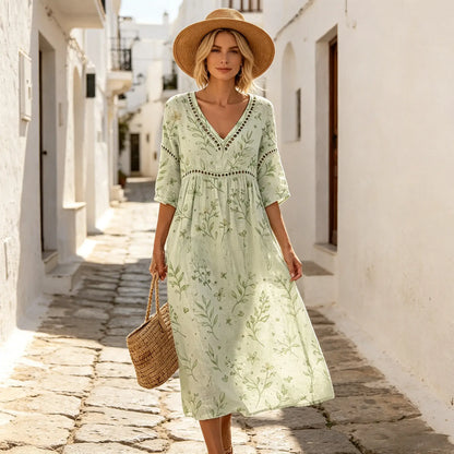 【S-3XL】Vestido largo de algodón y lino con estampado floral, estilo veraniego, escote en V