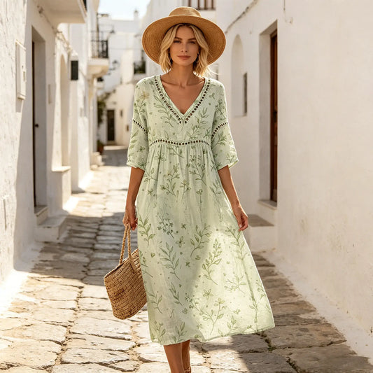 【S-3XL】Vestido largo de algodón y lino con estampado floral, estilo veraniego, escote en V