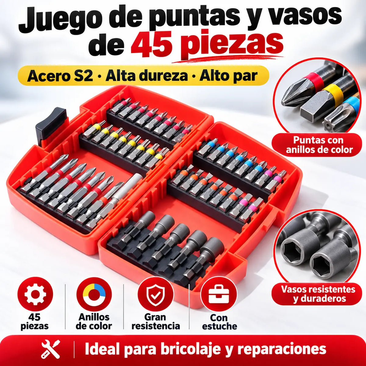 ⏳🔥【Juego de vasos de 45 piezas】--32 euros⏰🔧Juego de 45 piezas que incluye puntas de destornillador de acero S2 🔩