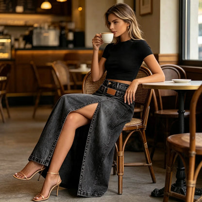 🥇【S-3XL】Falda larga vaquera para mujer con cintura de capas, corte holgado y diseño elegante.