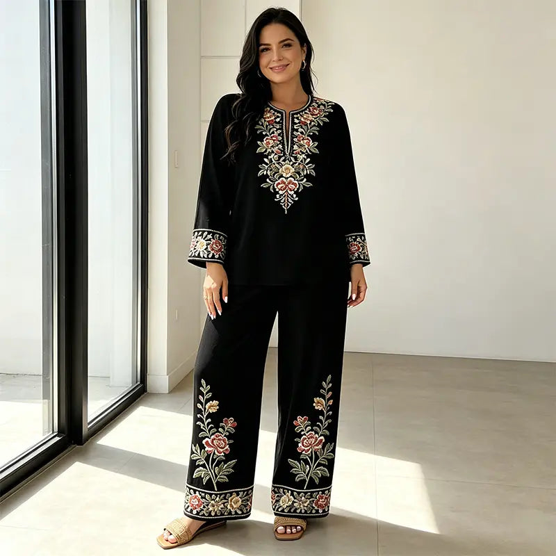 👒 Conjunto de Verano de Lino para Mujer de 2 Piezas: Blusa Holgada con Estampado Floral y Pantaloni Anchos – Tejido Suave, Transpirable y Respetuoso con la Piel 🌸✨