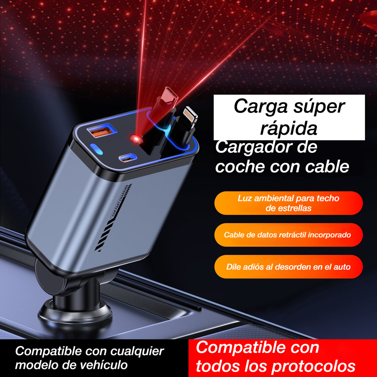 ⚡✨ Cargador de coche ultrarrápido: dos puertos USB-C retráctiles con luz ambiental Starlight y protección de seguridad inteligente 🚗💫