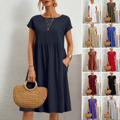 ✨ ✨ 【S-5XL】👗2025 Dámske bavlnené ľanové šaty s okrúhlym výstrihom a voľnými líniami