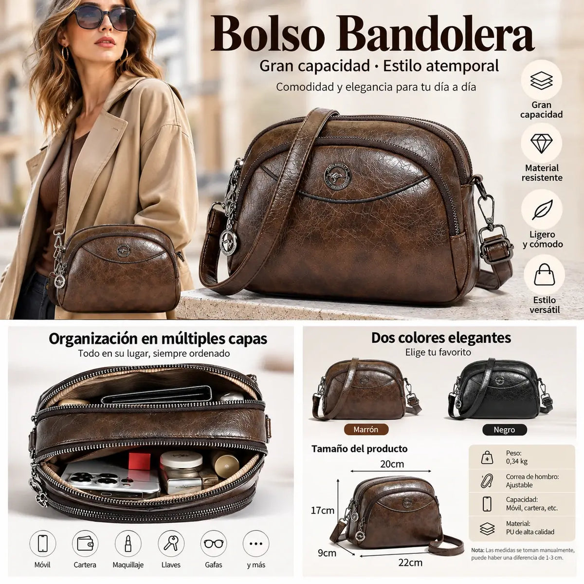👜【Piel natural premium】Elegante bolso de hombro para mujer