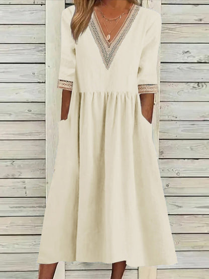 🌈👗【Letné nové produkty - zľava 50%🔥】【40-90 kg】👑 Dámske voľné šaty strednej dĺžky, materiál bavlna a ľan, čipkovaný golier, veľká veľkosť