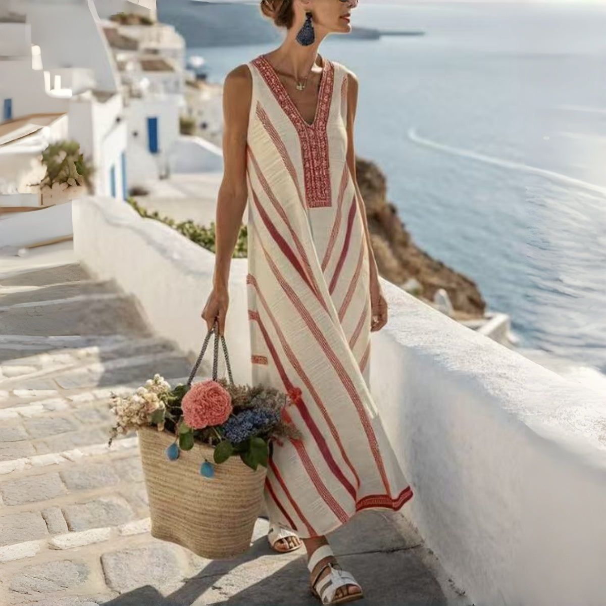 💎2026 Alta calidad💎【S-4XL】Vestido de mujer de algodón y lino con cuello en V, transpirable y suave, cómodo de llevar