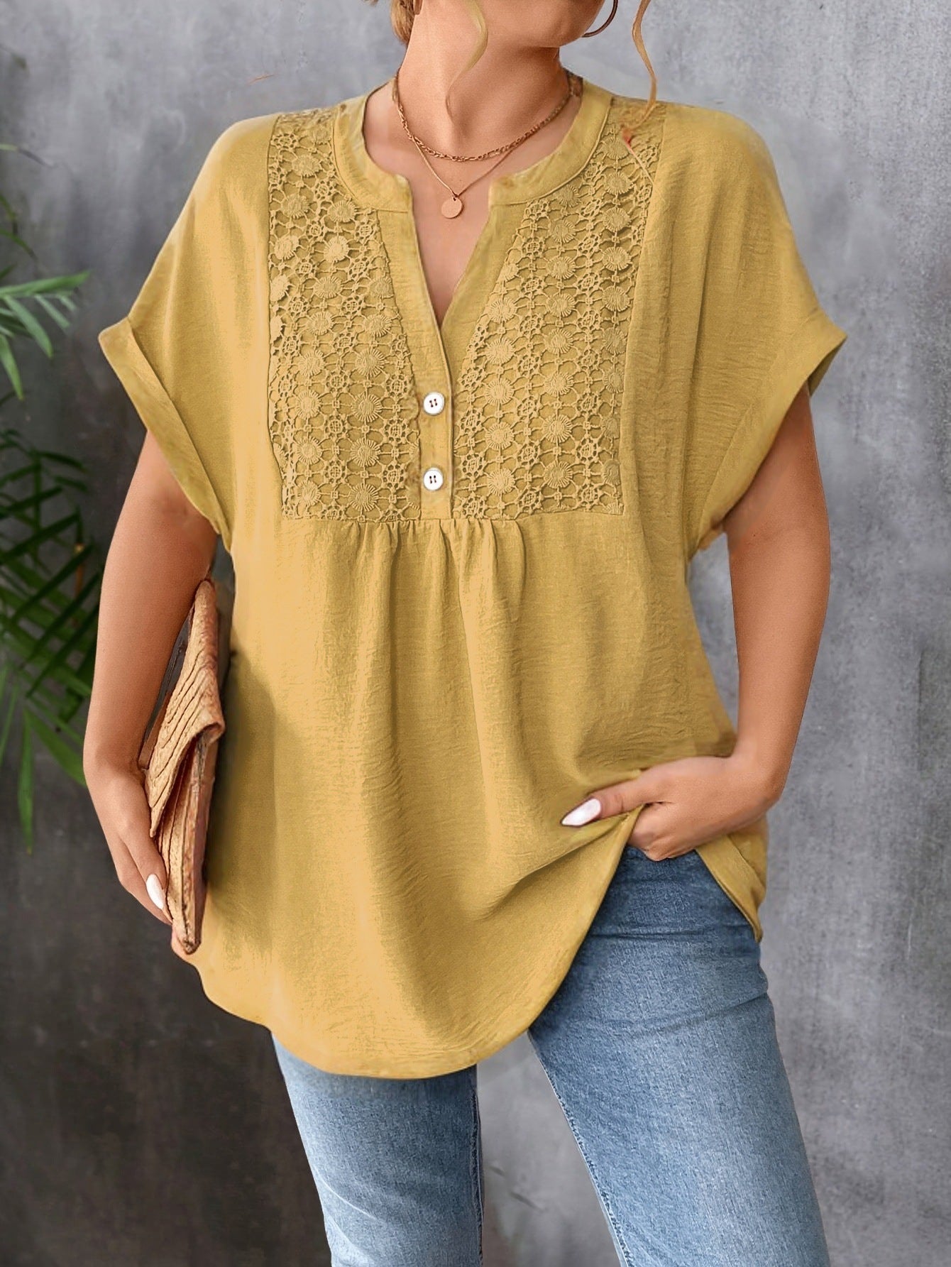 🌸✨ [L-5XL] Nueva camiseta de manga corta con ribete de encaje - Cuello en V 👚💖