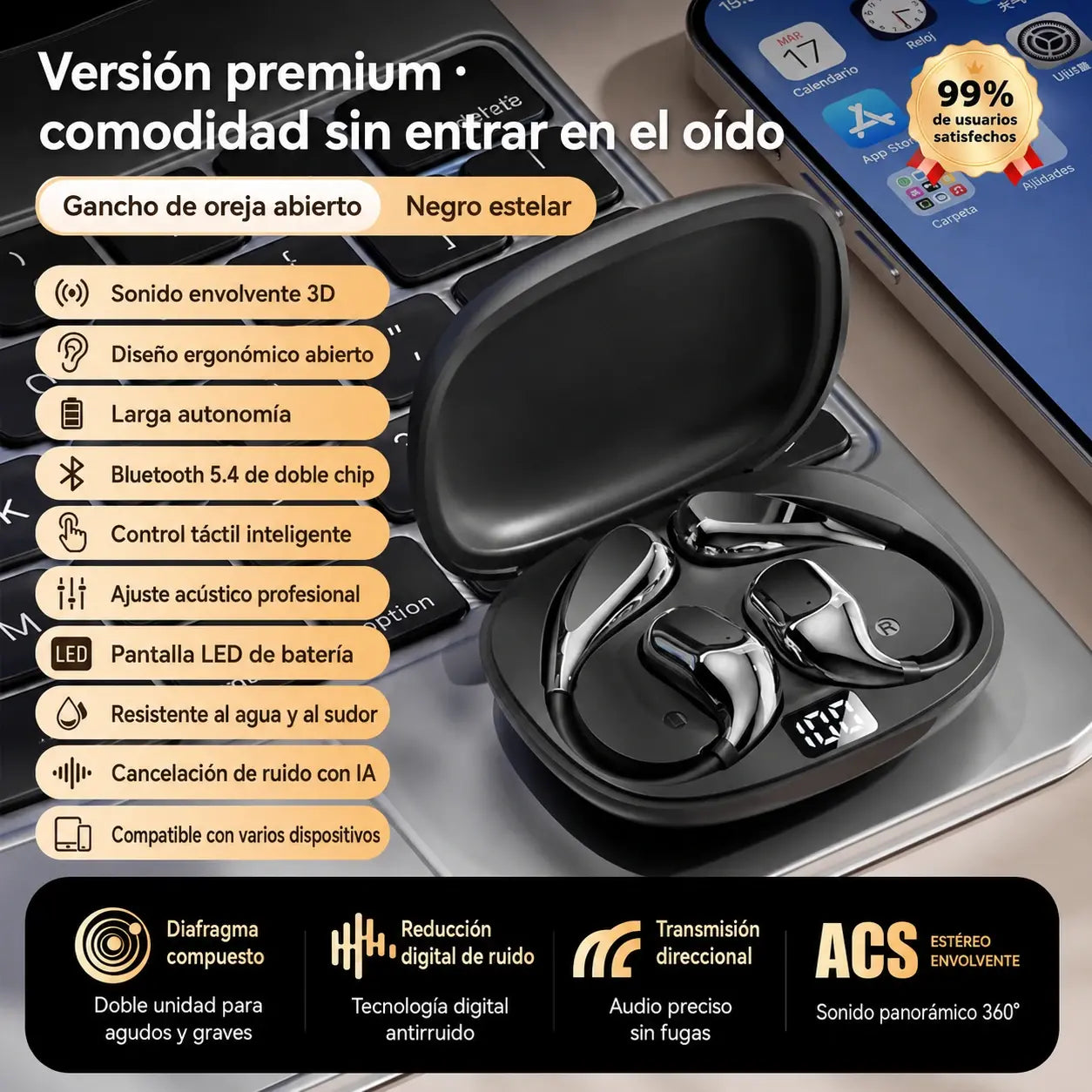 🔋Auriculares Bluetooth inalámbricos de oído abierto, con gancho para la oreja y conducción ósea🎙️🎧