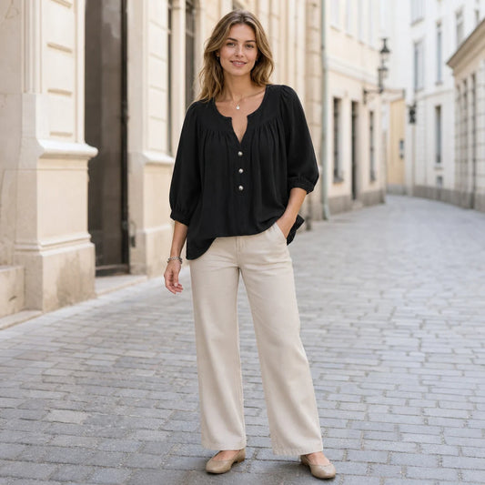 【S-3XL】Blusa informal de lino para mujer, camisa de verano con cuello en V y botones, material suave, transpirable y liso al tacto.