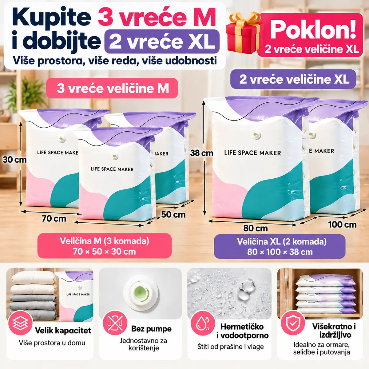 🧳 Set od 5 komada [Kupite 3, dobijte 2 BESPLATNO] Vakuumske vreće za pohranu odjeće – Nije potrebna pumpa – Velike kubične vreće koje štede prostor za organizaciju ormara, putovanja i selidbe
