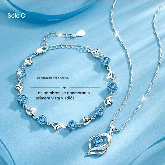 ✨✨【Compra 1 y llévate 1 gratis】💎💎Conjunto de pulsera y collar de corazón del océano en plata de ley 925