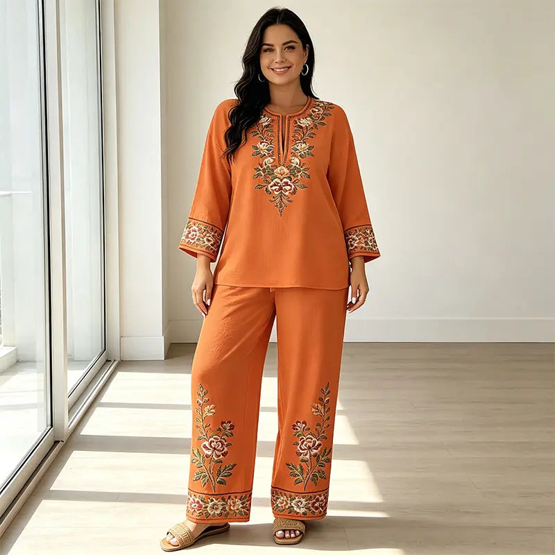 👒 Conjunto de Verano de Lino para Mujer de 2 Piezas: Blusa Holgada con Estampado Floral y Pantaloni Anchos – Tejido Suave, Transpirable y Respetuoso con la Piel 🌸✨