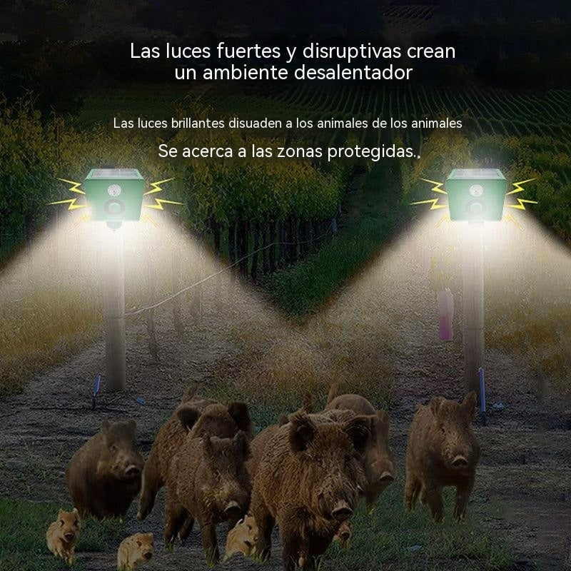 Repelente solar ultrasónico para animales, ideal para exteriores, con luz infrarroja intermitente y LED rojo y azul.