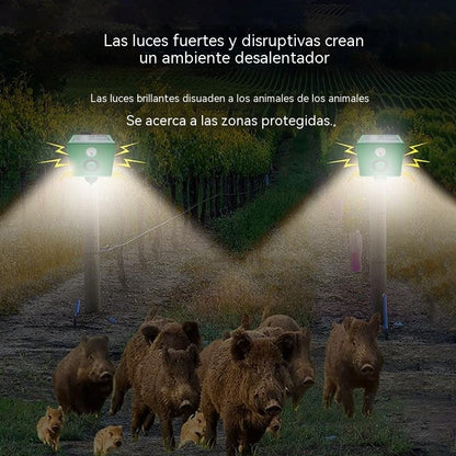 Repelente solar ultrasónico para animales, ideal para exteriores, con luz infrarroja intermitente y LED rojo y azul.