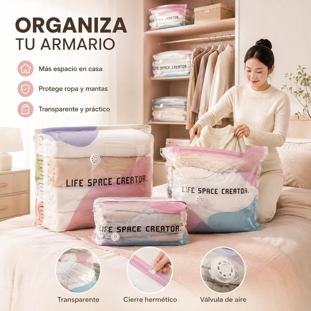 🧳【Juego de 5 piezas】💨 Bolsa de almacenamiento al vacío grande y compresible: no requiere bomba, es a prueba de fugas e ideal para ahorrar espacio en maletas y en casa ✈️