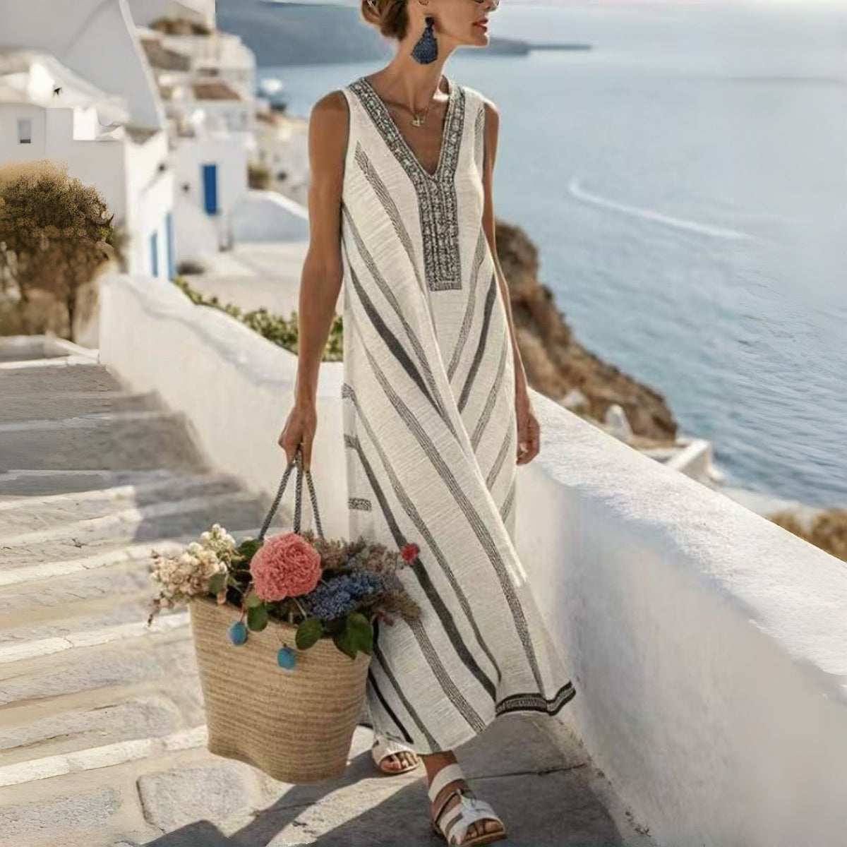 💎2026 Alta calidad💎【S-4XL】Vestido de mujer de algodón y lino con cuello en V, transpirable y suave, cómodo de llevar