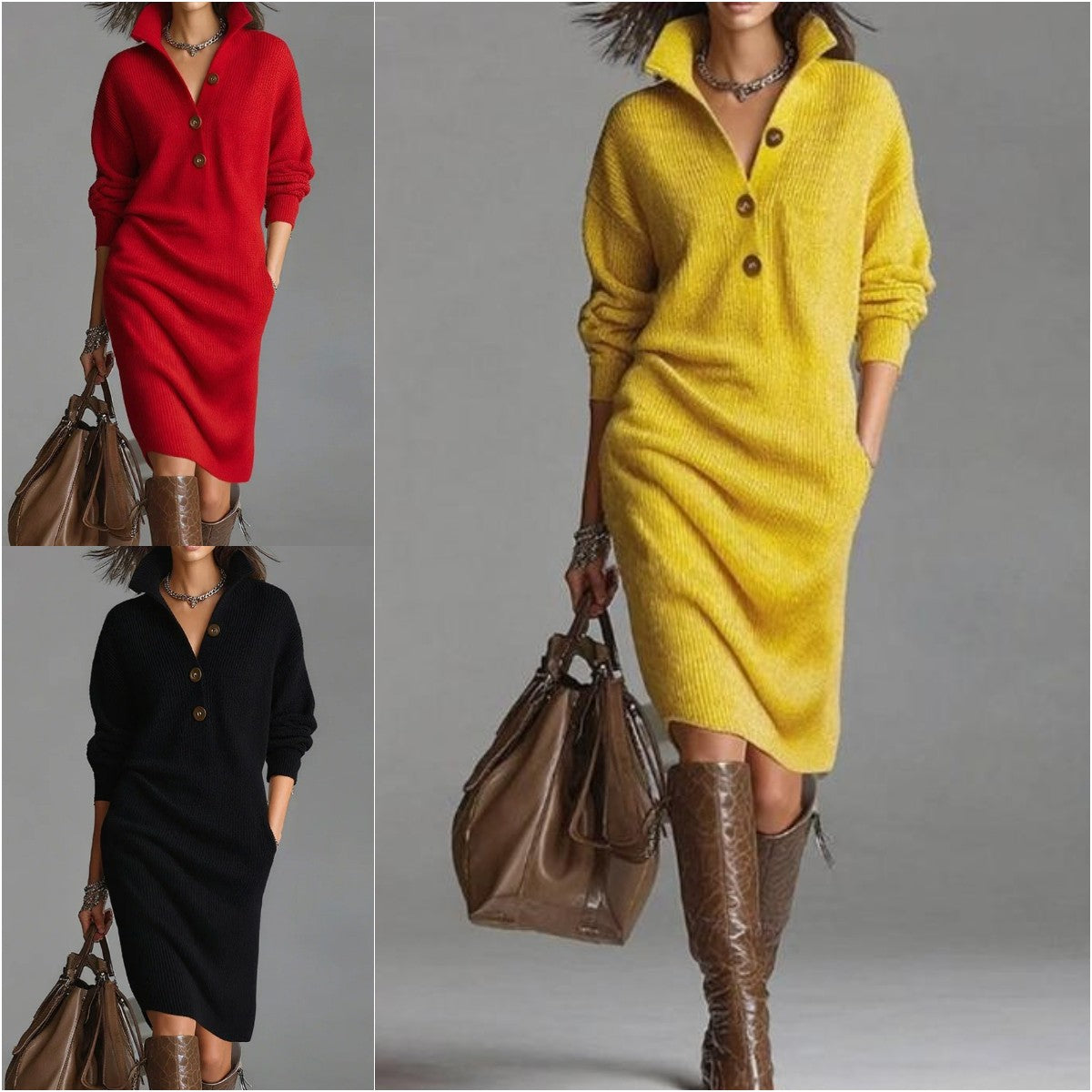 🔥🌷【Producto más vendido】【Tallas S-3XL】Nuevo vestido de punto con cuello, estilo europeo y americano