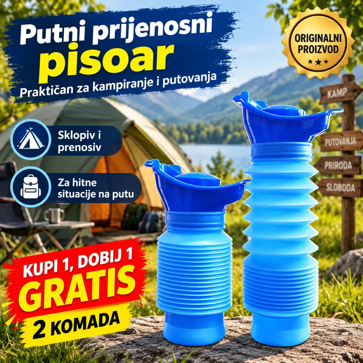 【Autentično: Pakiranje od 2】Prijenosni i sklopivi putni pisoar za muškarce, žene i djecu,uvijek ga držite u autu